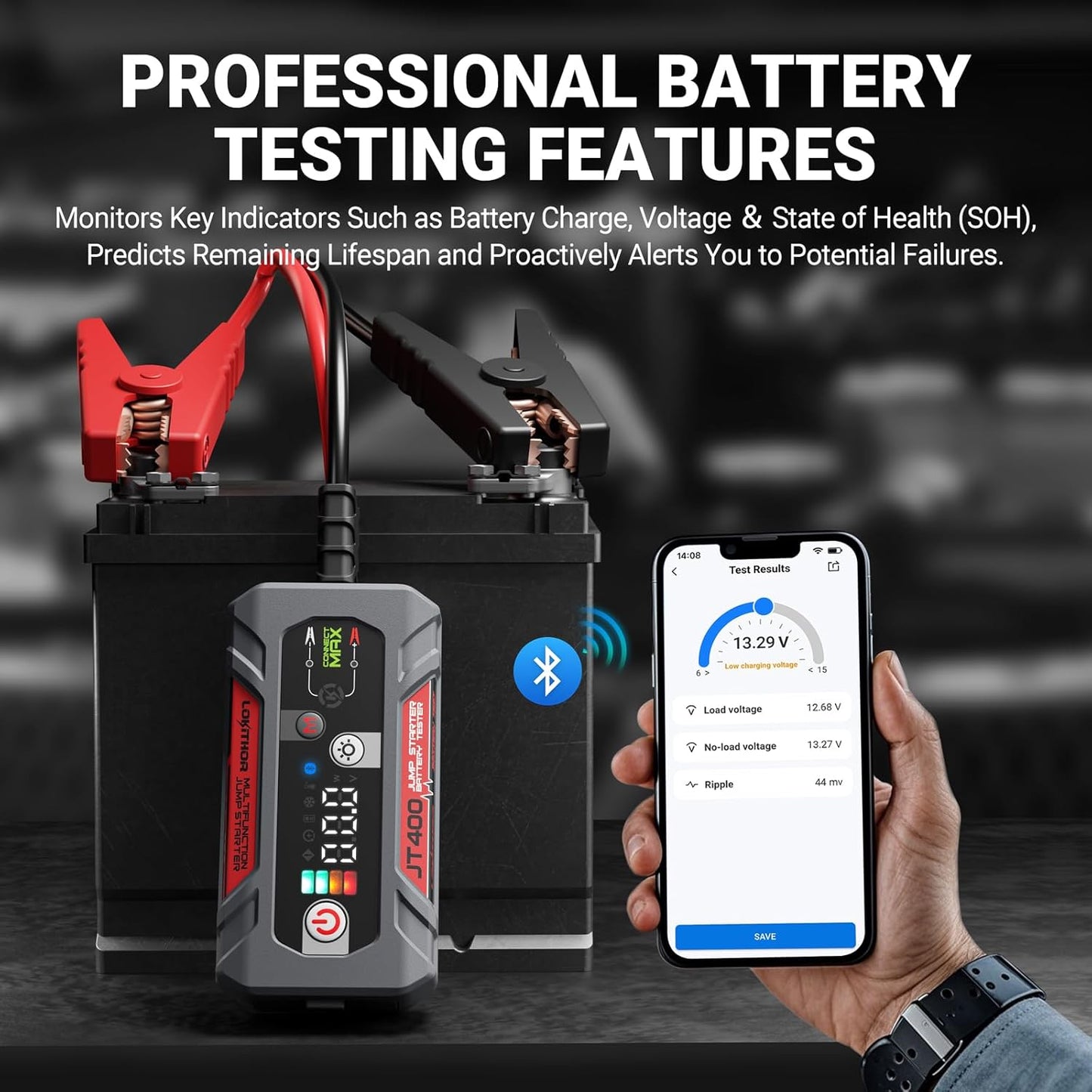 JT400 Jump Starter and Battery Tester, 2500A 12V Car Jumper Starter Portable (8.5L Gas/6.5L Diesel Engines), 100-2000 CCA Bluetooth Car Battery Tester Alternator Tester, Smart Digital Screen