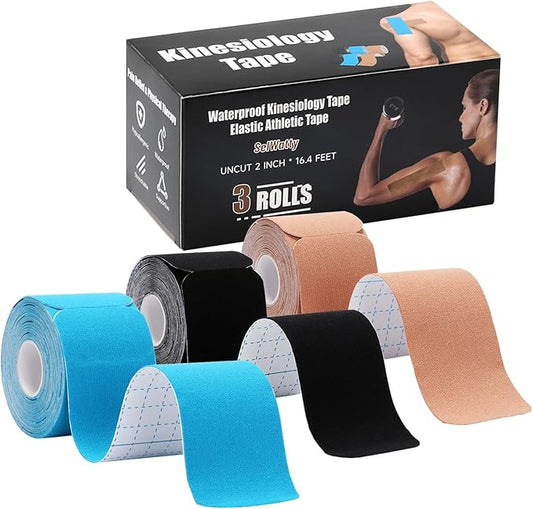 Kinesiology Tape, 3 Rolls Elastic Sports Athletic Tape, Sports Waterproof Tape for Support Muscle Joint Knee, Kinesiology Tape for Knees, 2 Inch×16.4 FT, 3 Colors