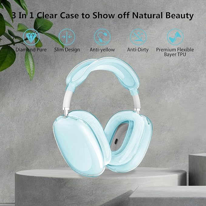 for AirPods Max Clear 3 in 1 TPU Case - Ear Cups, Ear Pad, and Headband Cover for AirPod Max Headphone Accessories - Blue