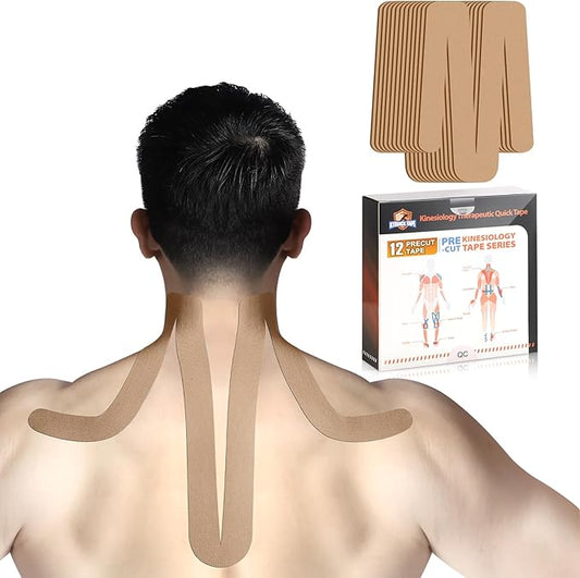 Kinesiology Tape for Shoulder&Neck, 12 Count Shoulder&Neck Tape Precut, KTQUICK Original Cotton Waterproof & Breathable, Enhance Elastic Kinesiology Athletic Tape for Shoulder&Neck Support (Beige)