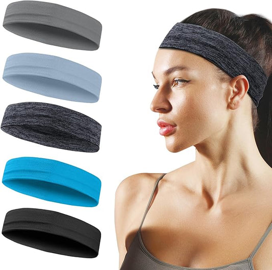 Sports Headbands for Women, 5 Pack Moisture Wicking Non Slip Sweatbands Fashionable Hairbands for Workout Yoga Running Gym