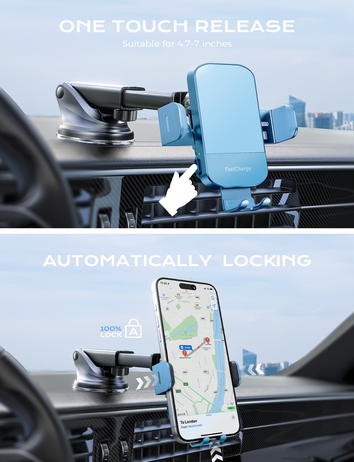 CHGeek Wireless Car Charger, 15W Fast Charging Auto Clamping Car Charger Phone Mount Phone Holder fit for iPhone 15 14 13 12 11 Pro Max Xs, Samsung Galaxy S25 Ultra S24 S23 S22, S21, S20, Cyan