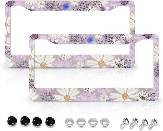 Flowers Daisy License Plate Frames - 2 Pcs Set 2 Holes Metal Aluminum Auto Car Accessories Decoration License Plate Frame 12.2 x 6.3 inch for Women Men Gift