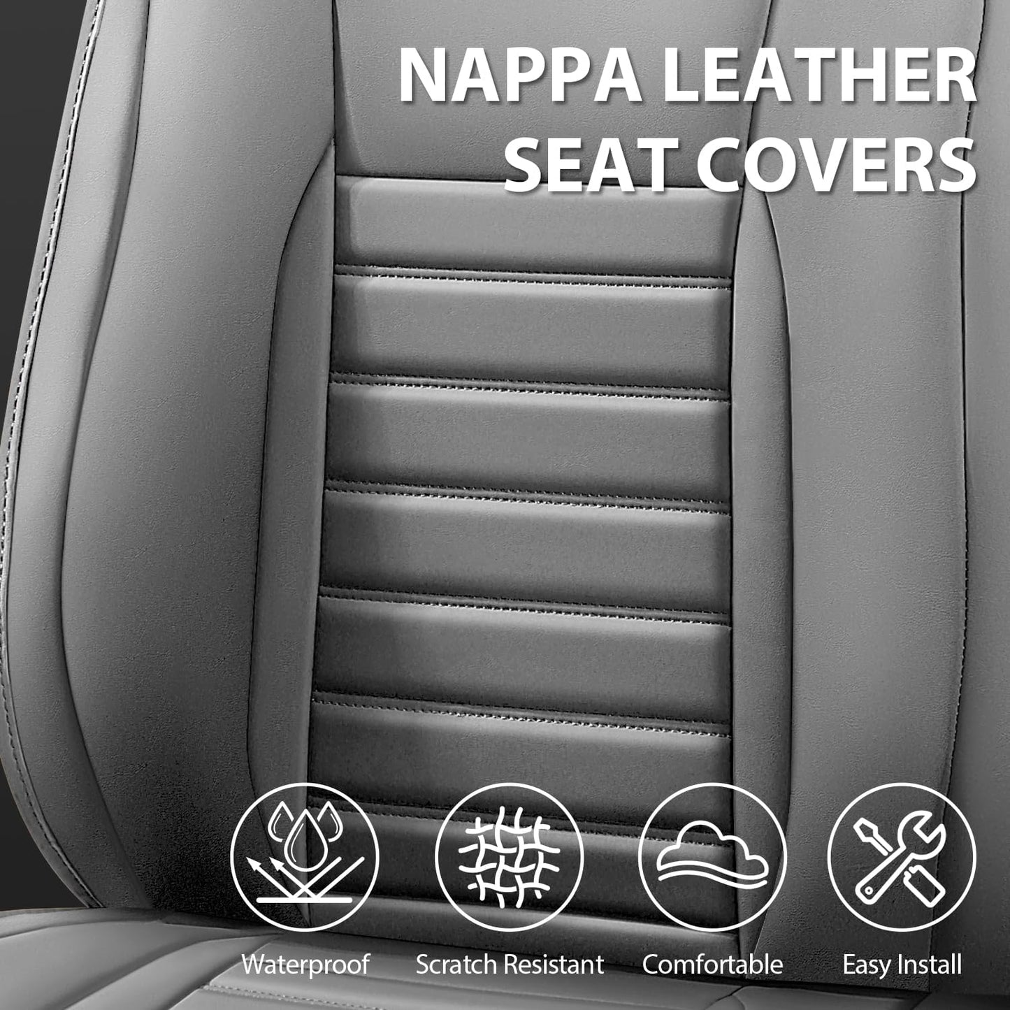 CAR PASS Nappa Leather Car Seat Covers Full Set, Luxury Seat Protector for Cars, Waterproof Anti-Slip Car Seat Cushion Armrest Compatible Airbag Universal for Sedan SUV Pick-up Truck Automotive, Gray