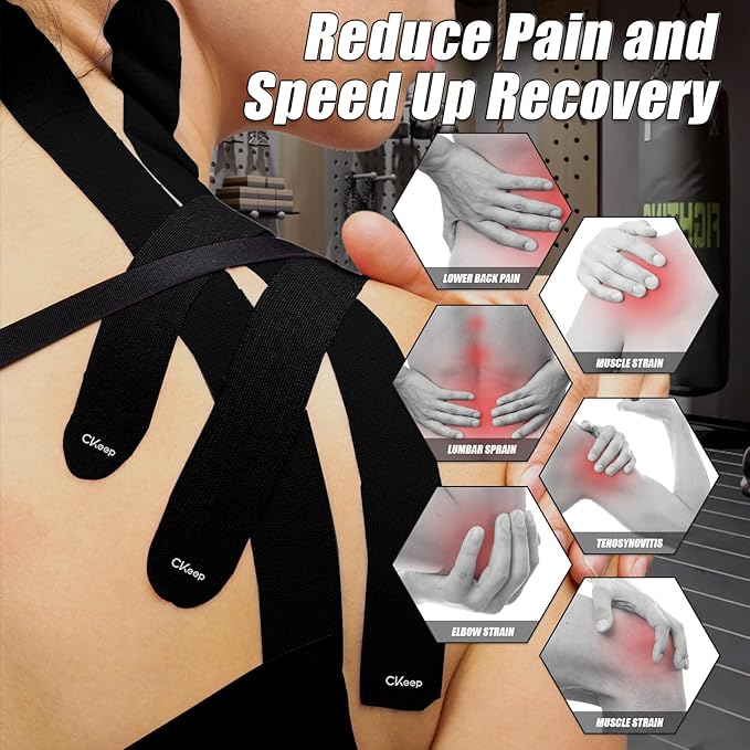 CKeep 4 Rolls Kinesiology Tape, Original Cotton Elastic Athletic Tape, 20 Precut 10" Strips Each, Black, Ideal for Muscle Support & Injury Prevention
