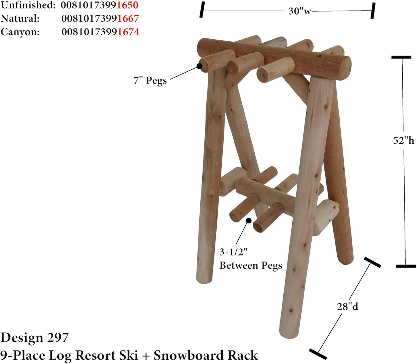 9-Place Freestanding Log Ski Rack Holder, Indoor & Outdoor Snowboard Racks, Standing Storage, Garage Racks for Snow Skis & Poles, Snowboard Rack Garage Storage Organizer - Unfinished + 15" Anchor Kit