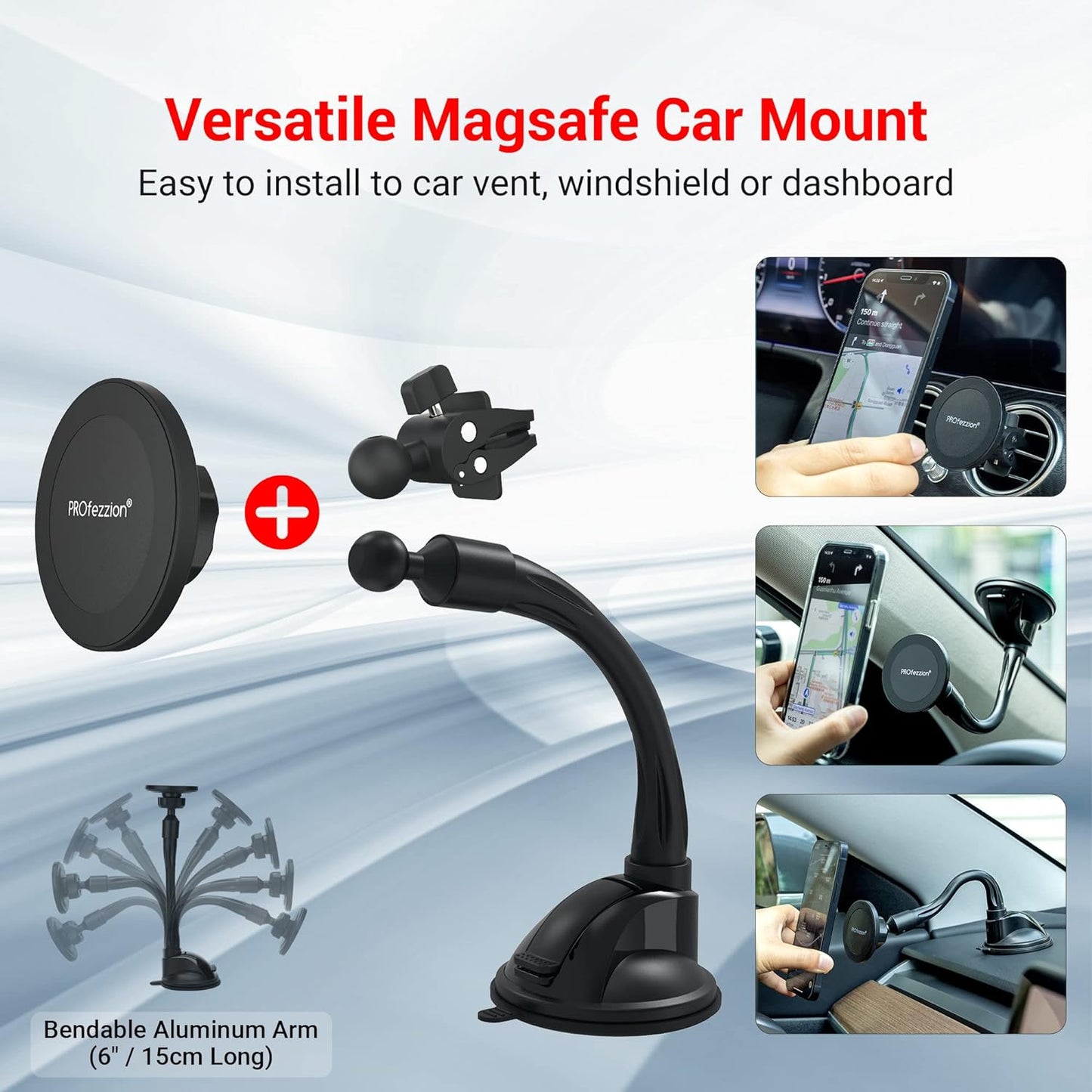 PROfezzion Suction Cup & Vent Clip Combo Magnetic Phone Holder Compatible with MagSafe on Car Truck Windshield, Dash or Vent for iPhone 16 15 14 13 Pro Max, Mag-Safe Case & All Phones [Aluminum Rod]