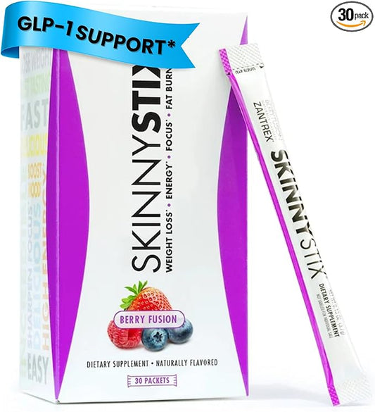 Zantrex SkinnyStix Energy Powder – Lose Weight, GLP-1, Appetite Suppressant, Boost Mood – 10 Calories – Yerba Mate, Coffee Bean – 30 Stix, Berry