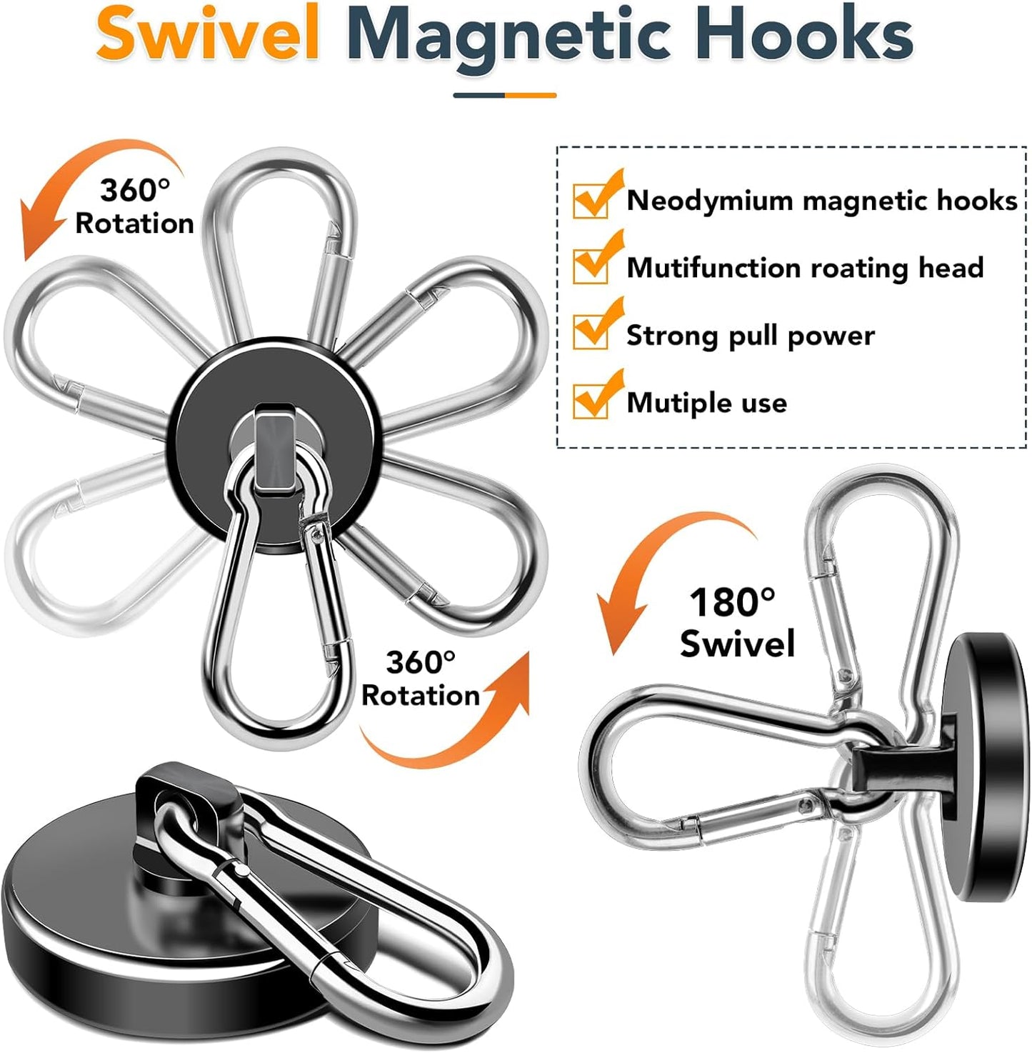 MIKEDE Magnetic Hooks Heavy Duty, 150LB Strong Swivel Neodymium Magnets with Magnetic Carabiner Hooks, Black Powerful Magnet Hooks for Hanging, Cruise Ship, Curtain, Home, Workplace - 6 Pack