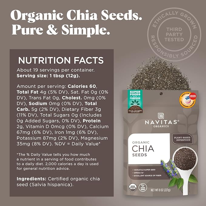 Navitas Organics Chia Seeds, 8 oz. Bag, 19 Servings - Organic, Non-GMO, Gluten-Free