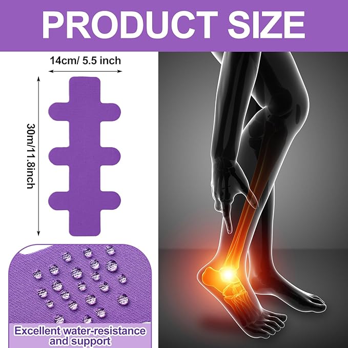 30 Pcs Achilles Tendonitis Kinesiology Tape Precut Achilles Tendon Ankle Tape Latex Free for Sprained Ankle Relief Muscle Support Foot Pain Athletic Sport(Purple)