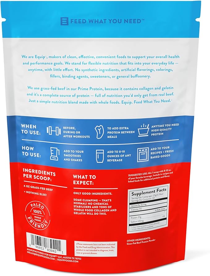 Equip Foods Prime Protein Powder | Clean, Grass Fed Beef Protein Isolate | Carnivore Protein Powder | Paleo, Keto Friendly | Gluten, Dairy Free | Helps Build & Repair Tissue | 30 Servings, Unflavored
