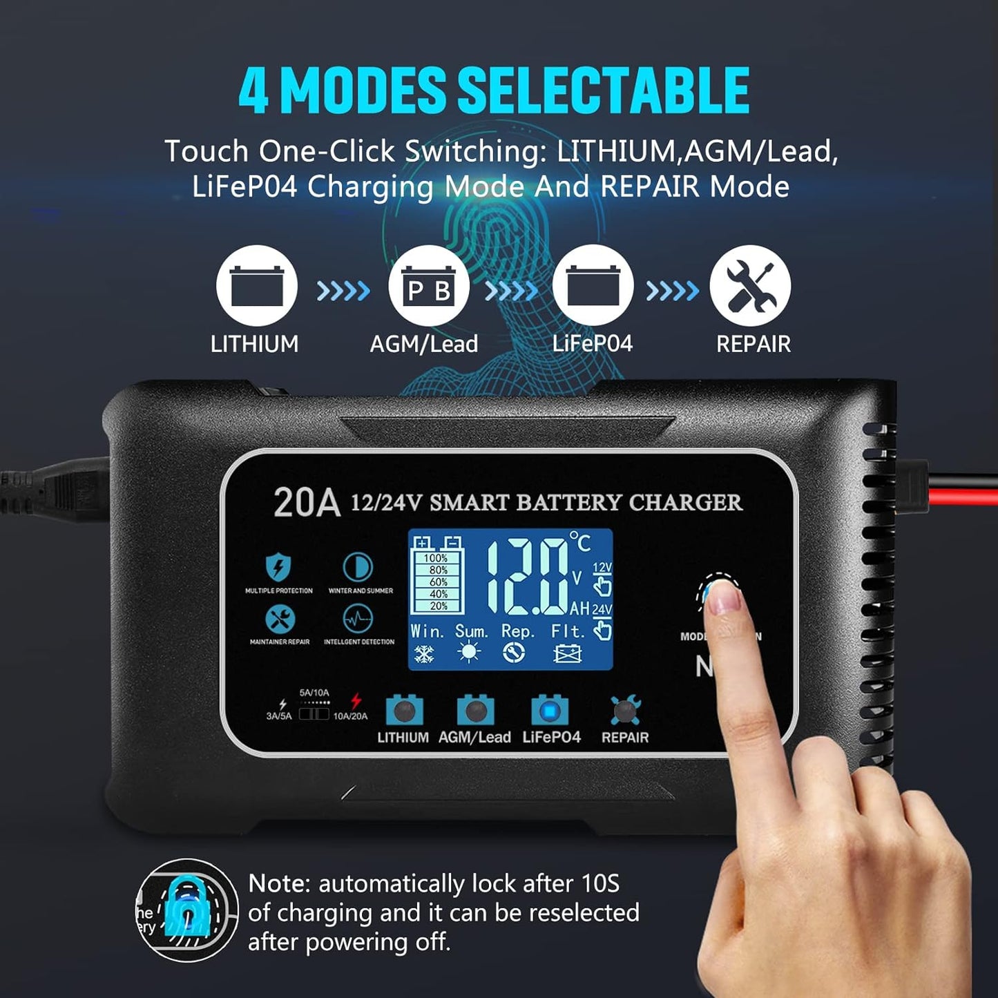 20-Amp Lifepo4 Lithium AGM Gel Smart Battery Charger, 12V/20A 24V/10A Trickle Charger, Maintainer for car Boat Motorcycle, Lawn Mower