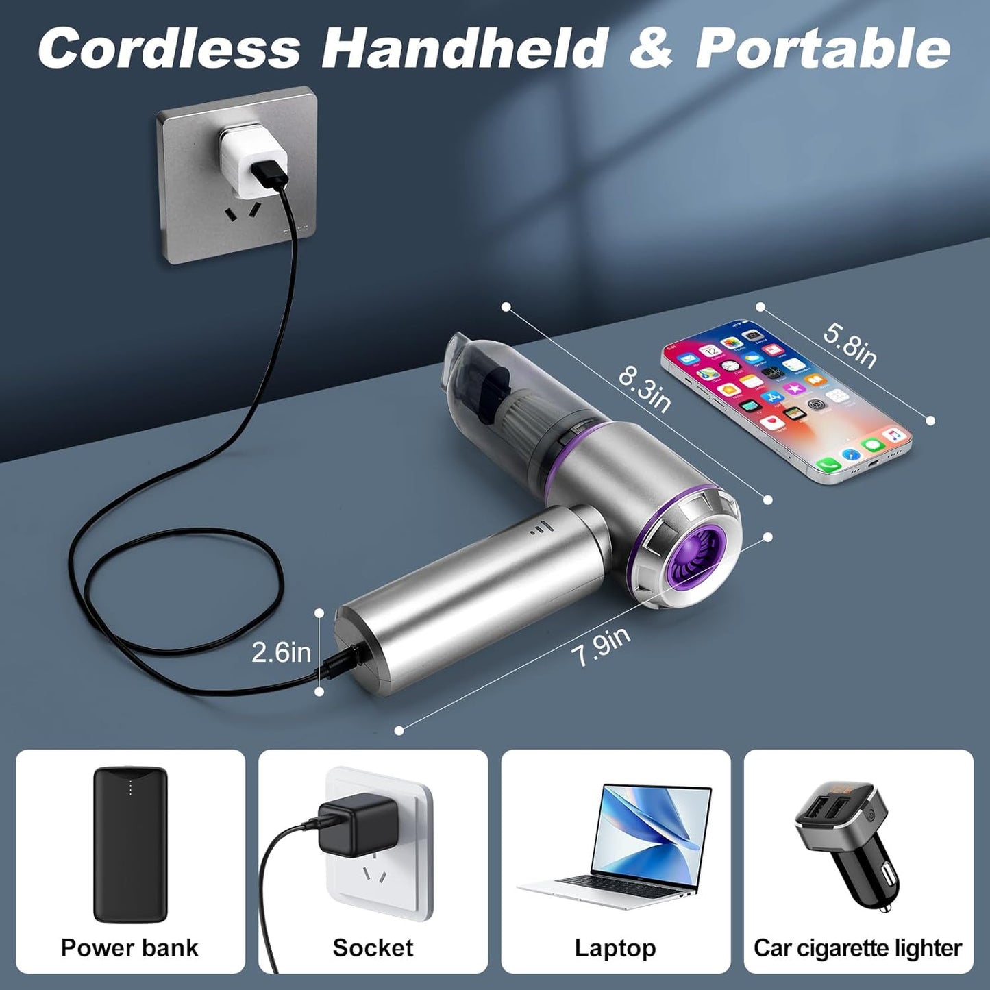 Car Vacuum Portable Cordless,21000PA High Power,Mini Vacuum Cleaner,4-in-1 With Brushless Motor,Air Blower,Handheld Vacuum Cordless,3 Gear Adjustment,Car Vacuum Cleaner Suitable for Cars,Home,Outdoors