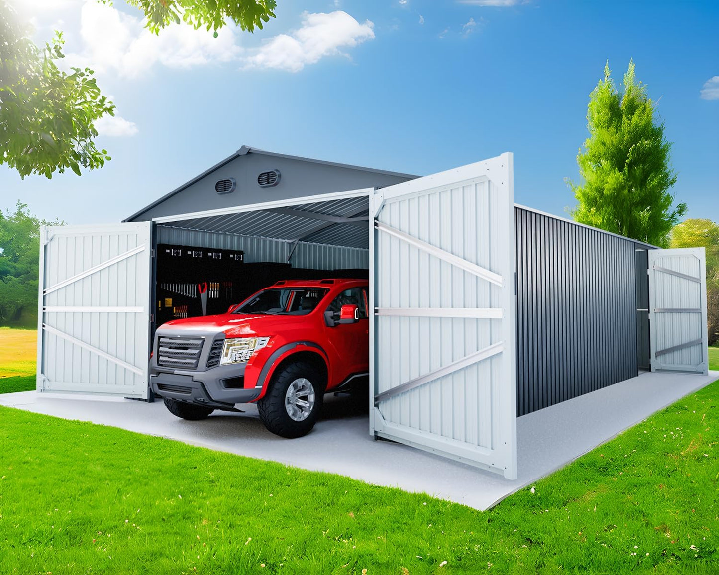20 x 13 FT Outdoor Storage Shed, Large Metal Garden Tool Shed with 2 Lockable Doors, Outdoor Storage Building with 4 Air Vents, Garage House Waterproof for Car, Truck, Bike, Tool, Black