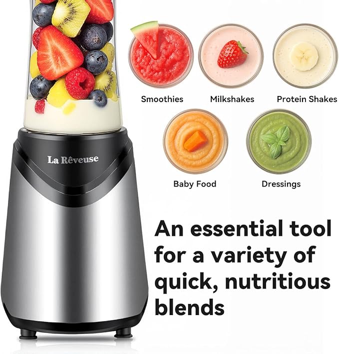 La Reveuse Smoothie Blender Personal Size 300 Watts with 2 Pieces 18 oz BPA-Free Travel Sports Bottles (Silver)