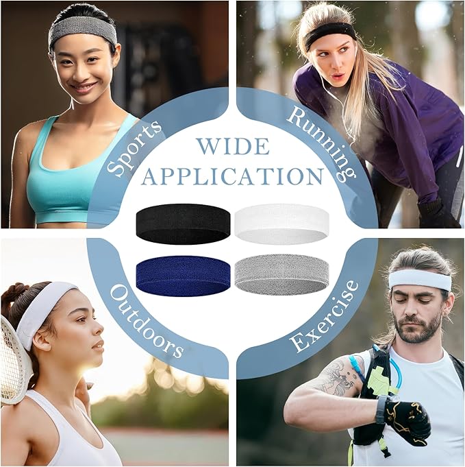 4 Pack Headbands for Men, Sweat Bands Headbands Men & Women, Cotton Terry Sweat Bands for Tennis, Basketball, Running, Gym, Working Out