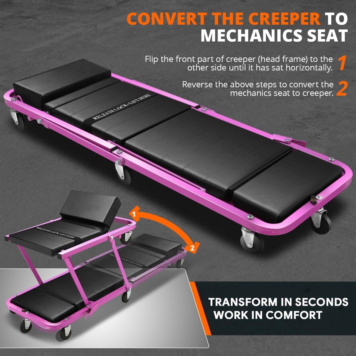 DNA MOTORING 48" 2 IN 1 Folding Rolling Garage Shop Creeper Roller Seat, 7 Pcs 2" Casters, 350 Lbs Weight Capacity, Purple, TOOLS-00193-PR