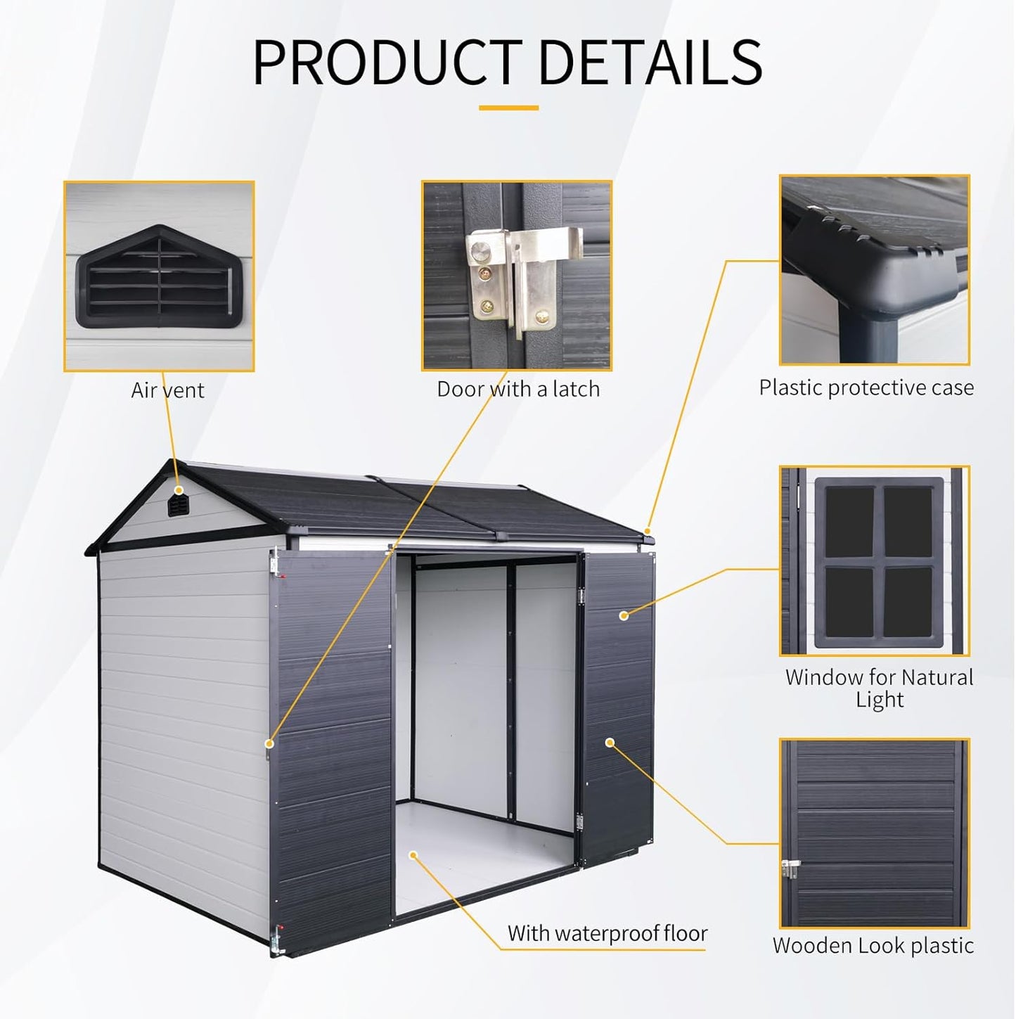 8x6 FT Outdoor Storage Shed, Resin Garden Shed with Thick Floor, Plastic Storage Shed with 2 Windows, Waterproof Outside Tool Shed with Lockable Hinged Doors for Backyard, Patio, Lawn, Black+White