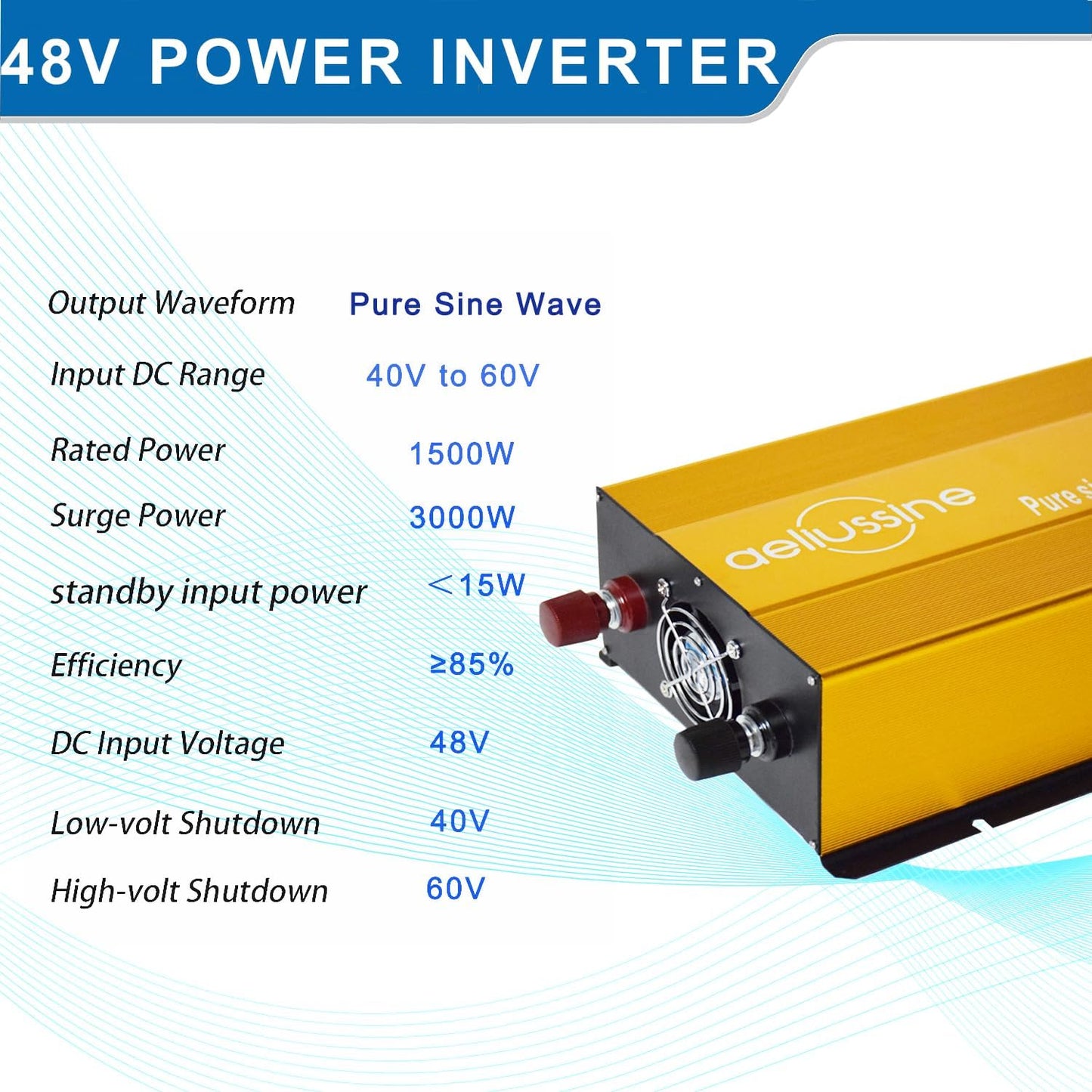 1500W Pure Sine Wave Inverter-48V DC to 110V 120V AC Power Converter with 2 AC Outlets, 48 Volt Power Inverter for Truck, Rv, Camping, Home, Emergency Power