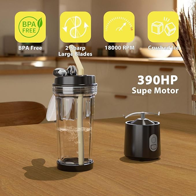 Portable Blender for Shakes and Smoothies 17Oz, Personal Blender 4000mAh USB Rechargeable, 500ml Portable Juicer for Kitchen/Travel/Gym(Black)