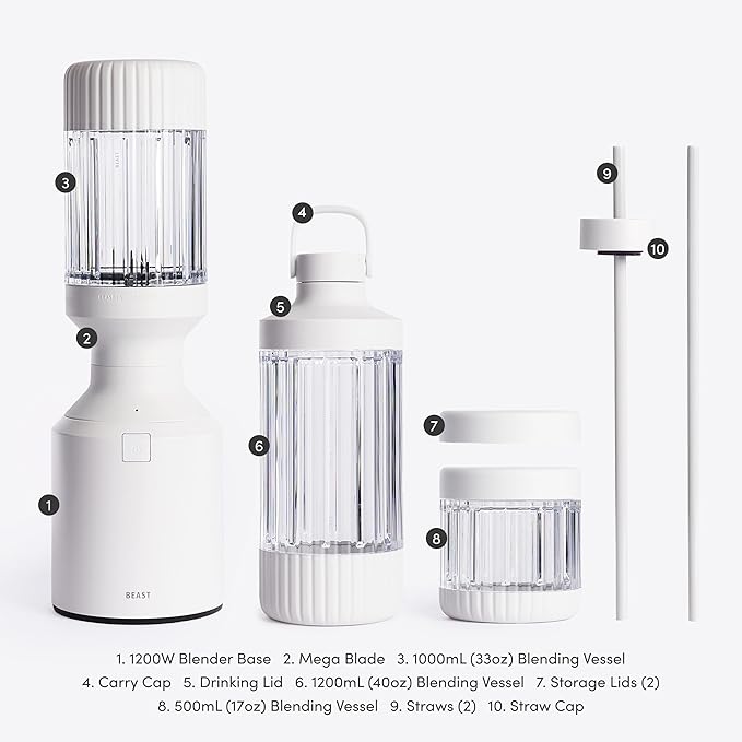 Beast Mega 1200 Plus | Premium Countertop Blender | Smoothies, Shakes, Sauces, Dips, Soups | Blends Ice and Frozen Fruit | XL Vessel | With Extra Vessels, Straw System | 1200W | (Cloud White, 120V)