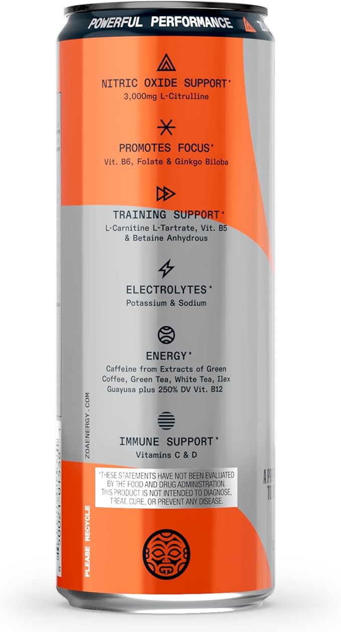 ZOA+ Pre-Workout Energy Drink Supplement - NSF Certified for Sport with Zero Sugar, Nitric Oxide Support, B & D Vitamins, Amino Acids, and Electrolytes (Orange Grapefruit)