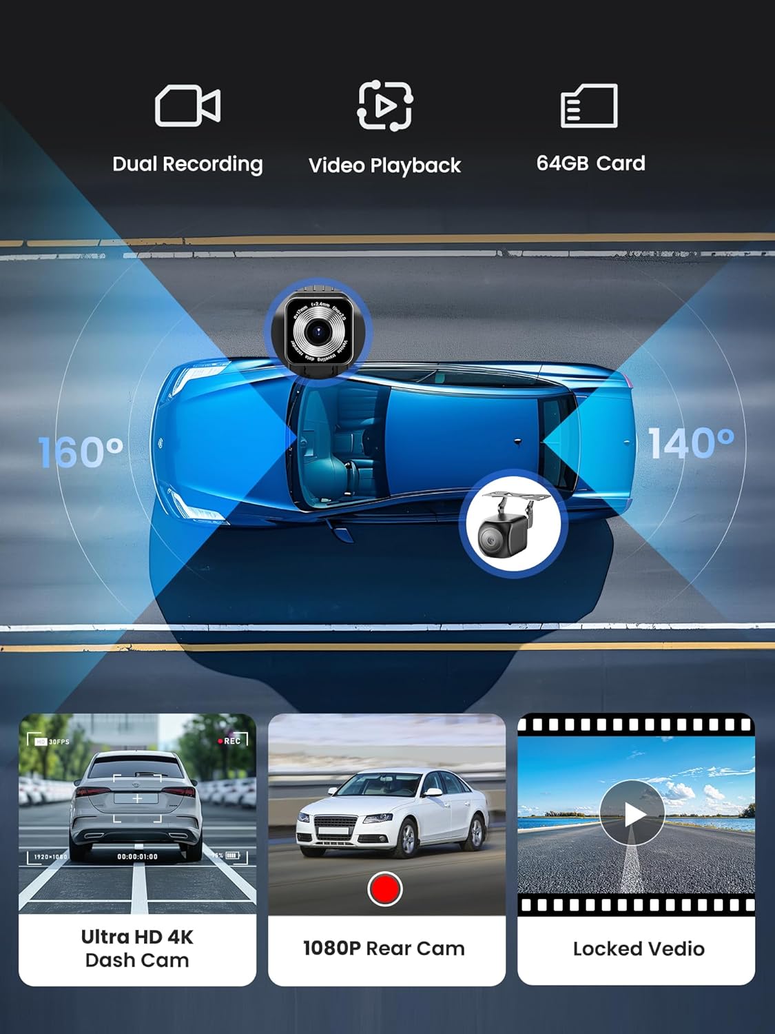 Portable CarPlay Screen for Car, 9'' Wireless Apple CarPlay & Android Auto Screen for Car, 4K Dash Cam, 1080P Backup Camera, GPS Navigation/Bluetooth/FM/Siri Voice Control for All Vehicles