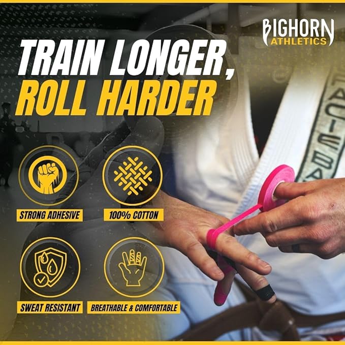 Bighorn Athletics Jiu Jitsu Finger Tape, Rock Climbing Tape | Multipurpose for Sports & Injuries: MMA, Volleyball, Football, Basketball, Tennis, Golf, Hands & Toes, 0.5-Inch x 45-feet, 8-Rolls, Pink