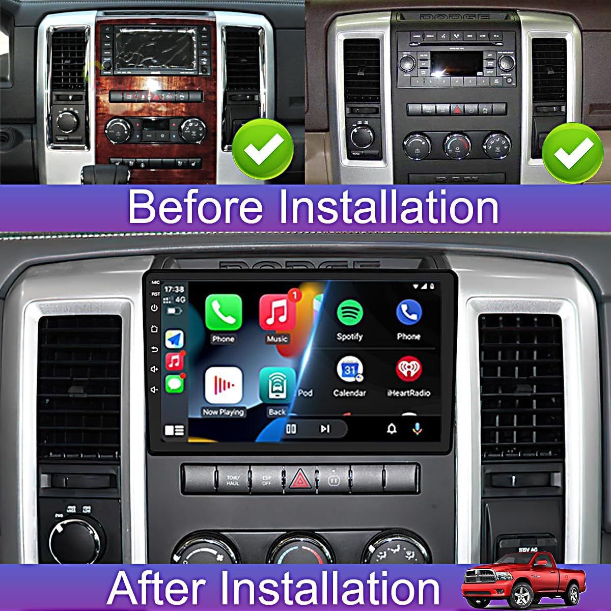 QLED, Customize Desktop Car Stereo Radio Upgrade for Dodge RAM 1500 2500 3500 for 2009 2010 2011 2012,Android Stereo Replacement,Build in Wireless carplay Wired Android Auto,Free Camera (2GB+64GB)