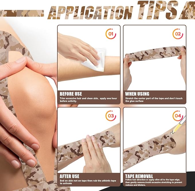 CKeep 4 Rolls Kinesiology Tape, Original Cotton Elastic Athletic Tape, 20 Precut 10" Strips Each, Desert Camo, Ideal for Muscle Support & Injury Prevention