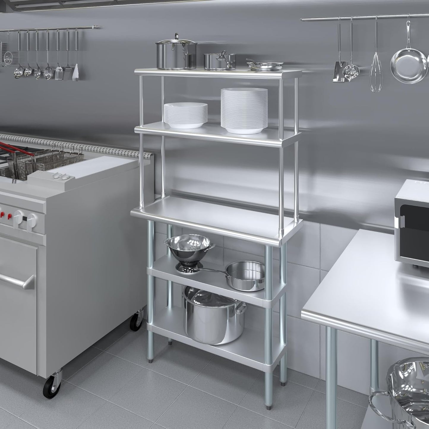 Amgood Stainless Steel Work Table with 2 Shelves | Metal Kitchen Prep Table & Shelving Combo (14" x 36" Table with 2 Shelves + 12" Overshelf)