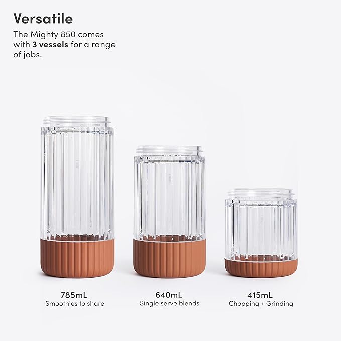 Beast Mighty 850 Plus | Premium Compact Personal Blender | Smoothies, Shakes, Dressings, Sauces | Blends Ice and Frozen Fruit | New XL Vessel | Extra Vessels, Lids and Straws | 850W (Terra)