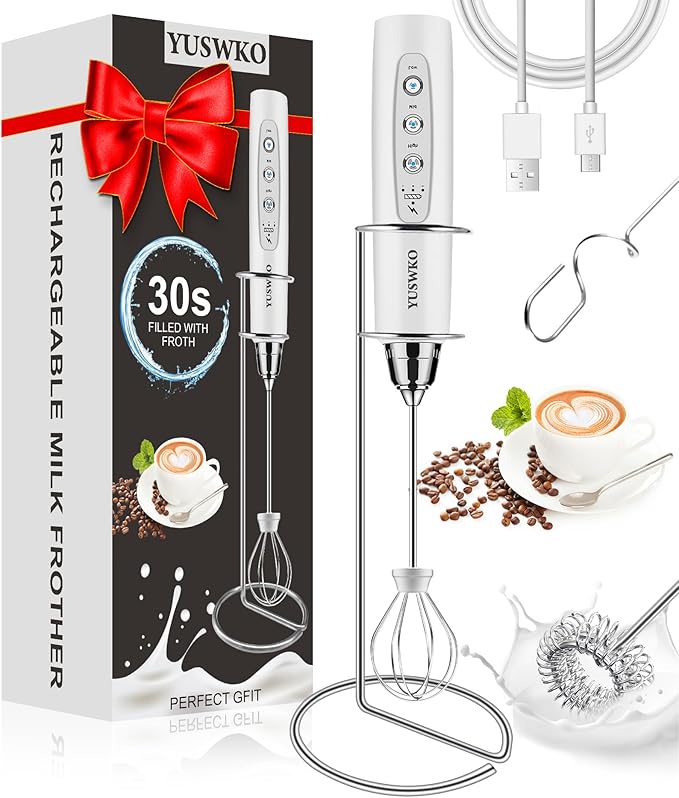 YUSWKO Milk Frother Handheld for Coffee with Stand, Rechargeable Drink Mixer with 3 Heads 3 Speeds Electric Coffee Frother Whisk, Gift for Many Occasions and Festival