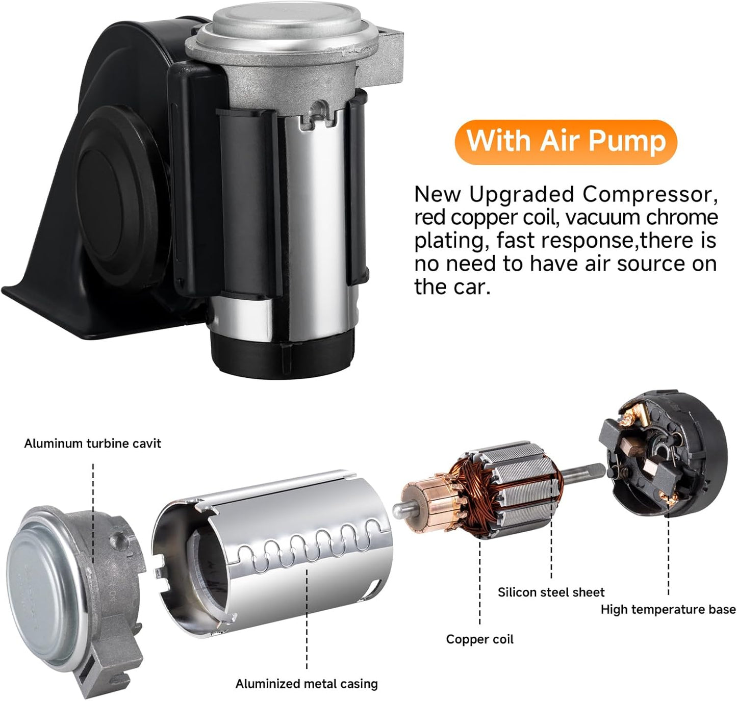 Air Horn for Truck,Super High Pitched Train Horn for Car, Waterproof Snail Horn for Motorcycles, Cars, trucks, trains and ships(black horn with wire and button, 12v)