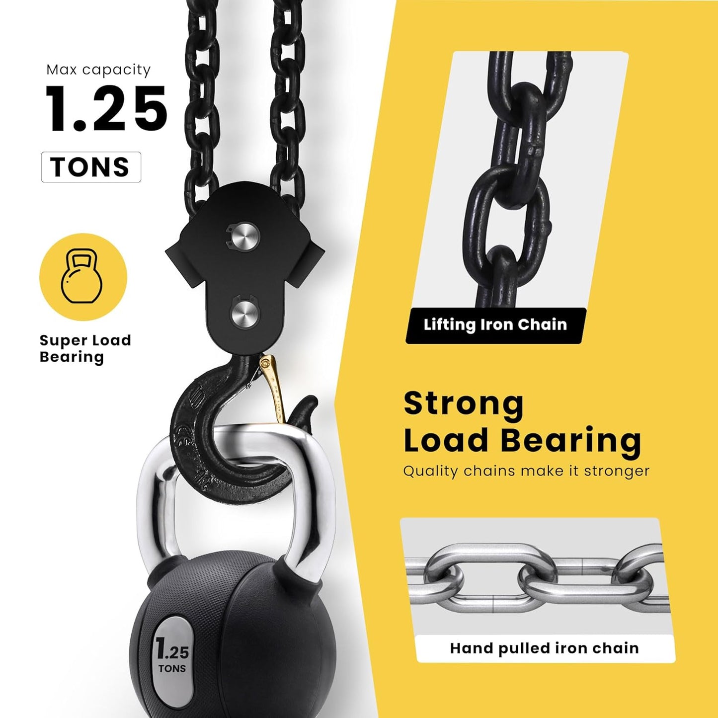 SPECSTAR Hand Chain Hoist 1 Ton 2200 Lbs Capacity 10 Feet with 2 Heavy Duty Hooks, Manual Chain Fall for Warehouse Building Automotive Machinery Red