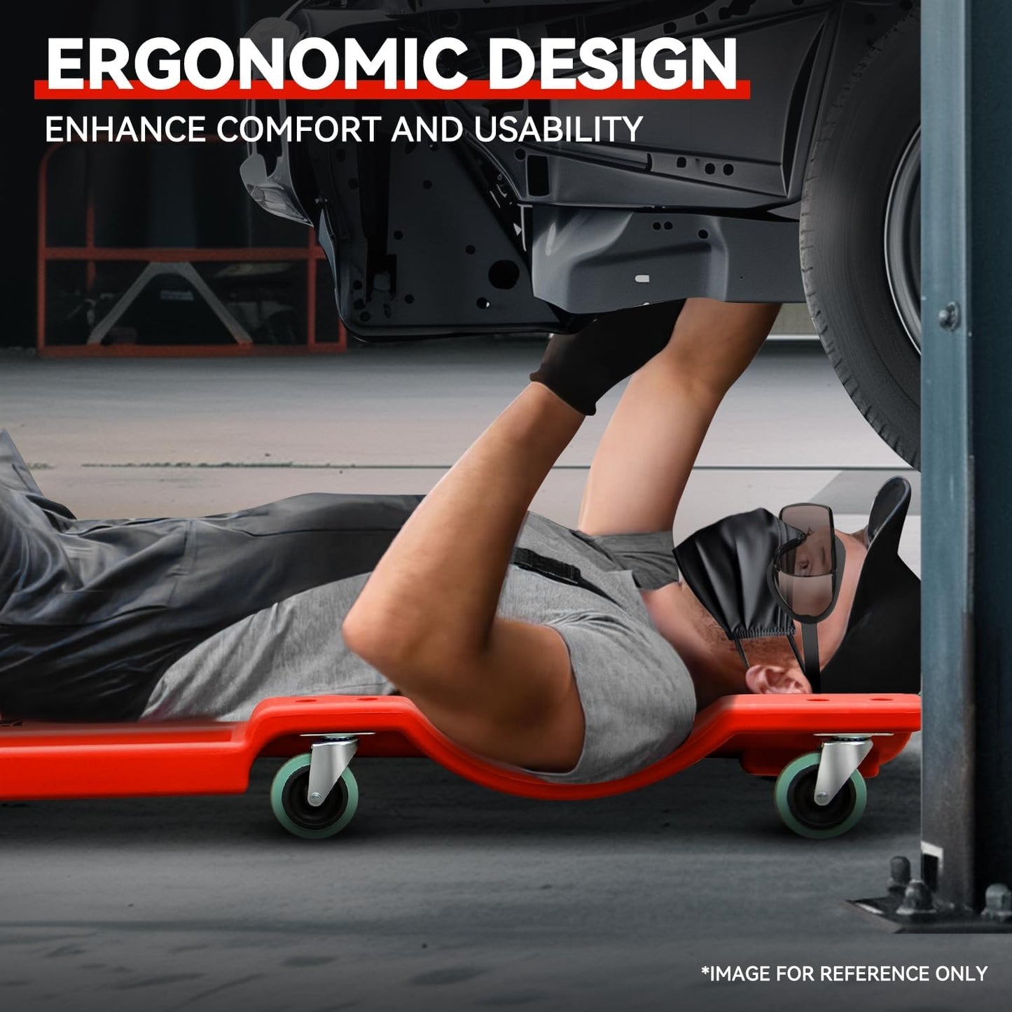 Auto Dynasty 40 Inches Mechanic Creeper, Automotive Garage Repair Low Profile Under Car Rolling Creeper with Padded Headrest, Plastic, Red