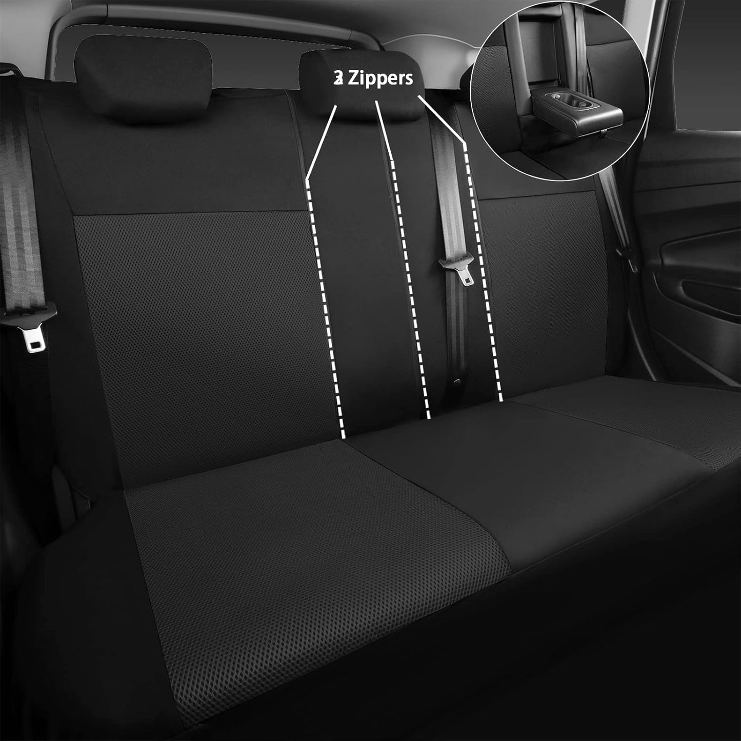 CAR PASS 3D Air Mesh Car Seat Covers Full Sets w/5mm Sponge, 4Pcs Waterproof Car Floor Mats, Steering Wheel Cover Universal Fit for SUV Sedan Truck, Airbag Compatible Automotive Interior(Black Gray)