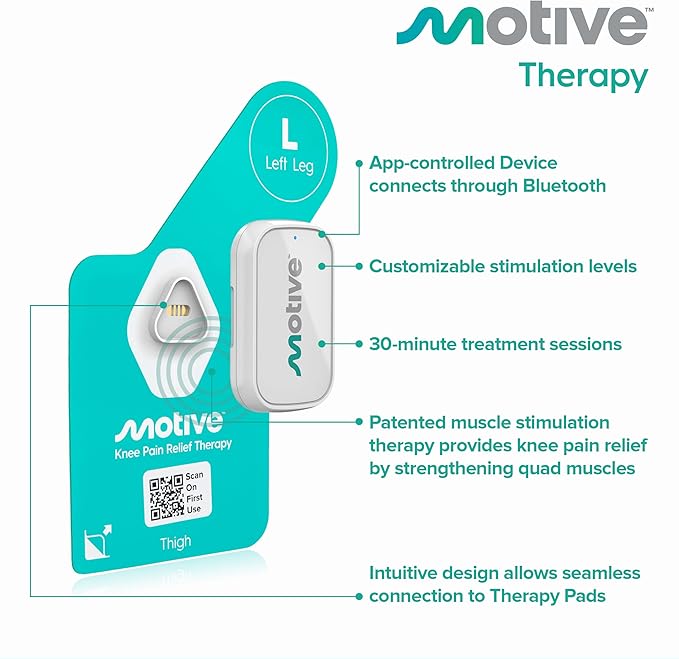 Motive Knee Pain Relief Therapy - Advanced Non-TENS Device to Treat Muscle Weakness, App Controlled, and a Portable Home Treatment for Pain Management Solution - Both Knees