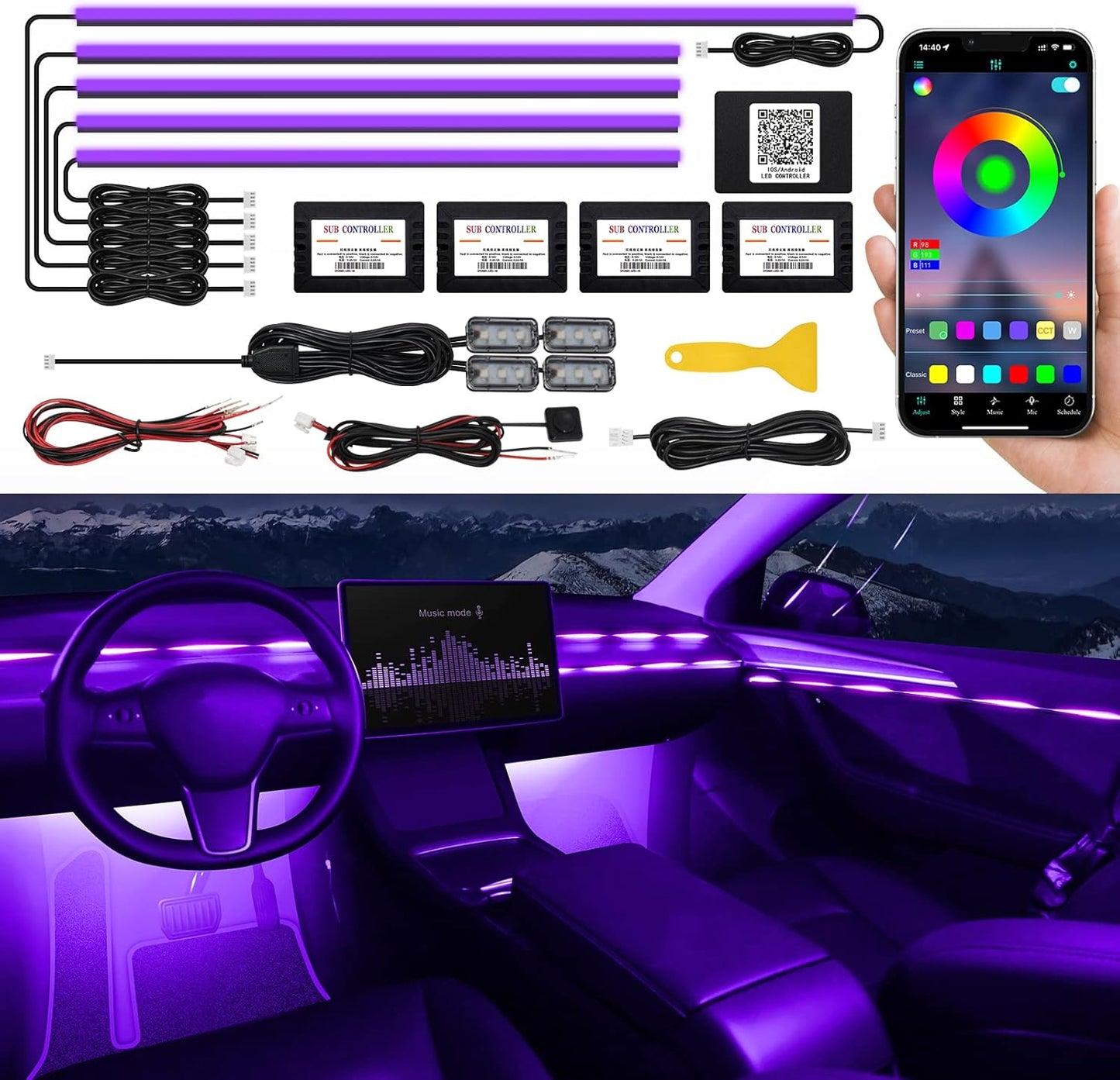 Acrylic Interior Car LED Strip Light with Wireless APP, RGB 10 in 1 with 175 inches 593 LEDs Fiber Optic Ambient Lighting Kits, 16 Million Colors Sound Active Function Car Neon Lights