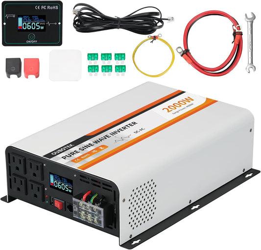 2000W Pure Sine Wave Inverter 24V DC to 120V AC Converter for Truck Boat Camping Outdoor Solar System, 2000 Watt Power Inverter with LCD Display, Remote Controller, USB Port, 4 AC Outlets