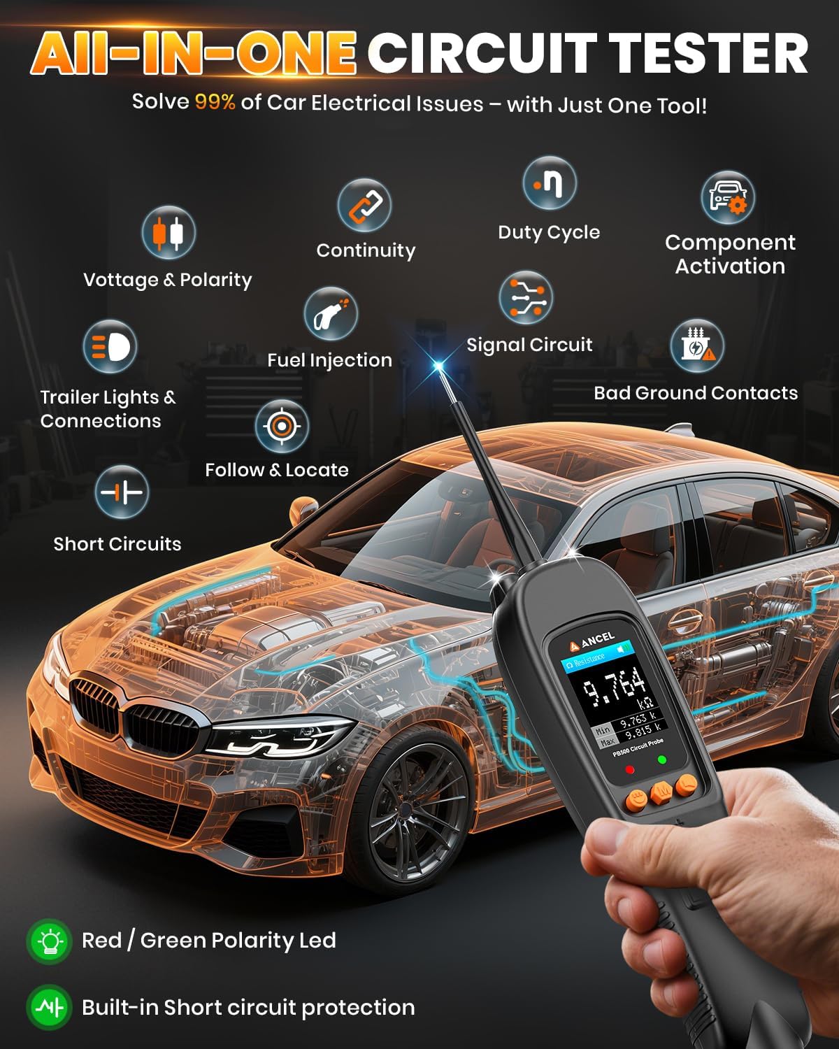 ANCEL PB500 Automotive Power Circuit Probe Tester Kit, 12/24V Car Electrical Short/Open Breaker Finder, AC/DC Diode Resistance Frequency Injector Relay Tester, Duty Cycle,Digital Multimeter/Ohmmeters