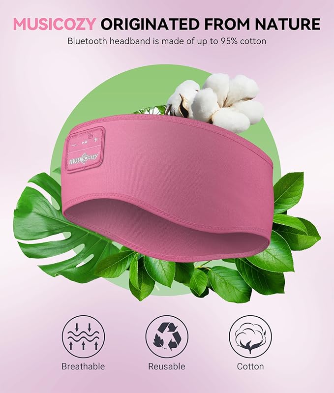 MUSICOZY Sleep Headphones Headband Bluetooth 5.4 Wireless Headband Headphones for Sleeping for Side Sleeper with Ultra-Thin HD Stero Speaker for Workout(Pink)