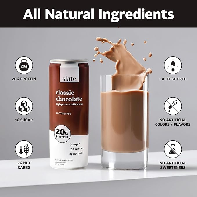 Slate Milk - High Protein Milk Shake - Core Variety Pack - Classic Chocolate, Dark Chocolate, French Vanilla - Lactose Free, 20g Protein, 1g Sugar, 100 Calories, 1-2g Net Carbs - 11 fl oz, 12 Cans