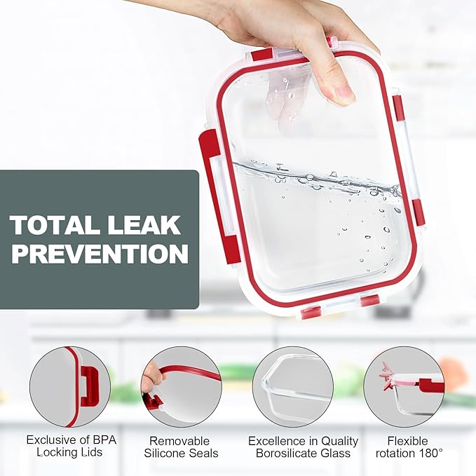 VERONES 10Pack Glass Meal Prep Containers, Airtight Glass Lunch Containers,Stackable Glass Food Storage Containers Set with Lids,Exclusive of BPA, for Microwave,Oven, Freezer&Dishwasher Friendly,Red