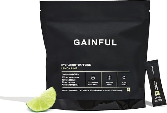 Gainful Hydration + Caffeine Packets with Key Electrolytes Magnesium & Sodium + L Theanine, Low Sugar Drink Mix, Lemon Lime, 21 Sticks