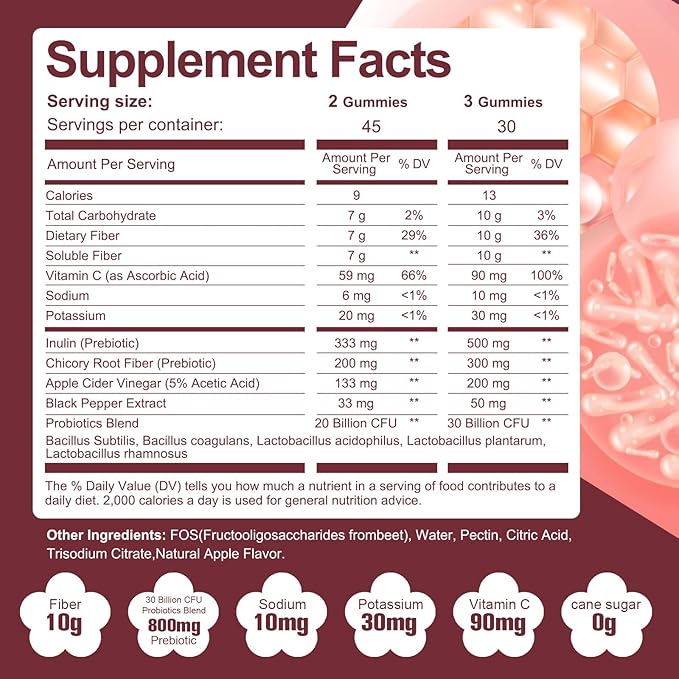 Fiber Gummies with Probiotics,10G Fiber per Serving No Sugar Added Apple Flavor, with 10 Billion CFU Probiotics Blend, Apple Cider Vinegar, Vitamin C, Inulin, Bloating Support 90 Count