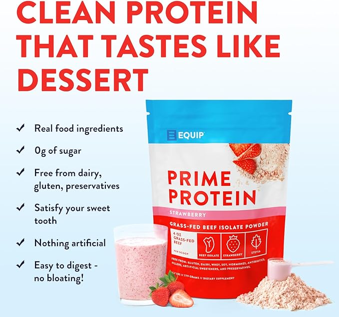 Equip Foods Prime Protein Powder | Clean, Grass Fed Beef Protein Isolate | Carnivore Protein Powder | Paleo, Keto Friendly | Gluten, Dairy Free | Helps Build & Repair Tissue | 30 Servings, Strawberry
