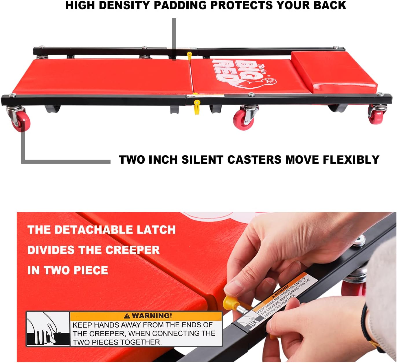BIG RED 36" 2-Piece Padded Rolling Garage/Shop Creeper, Mechanic Cart with Headrest and 6 Casters, Red TR7565R Torin
