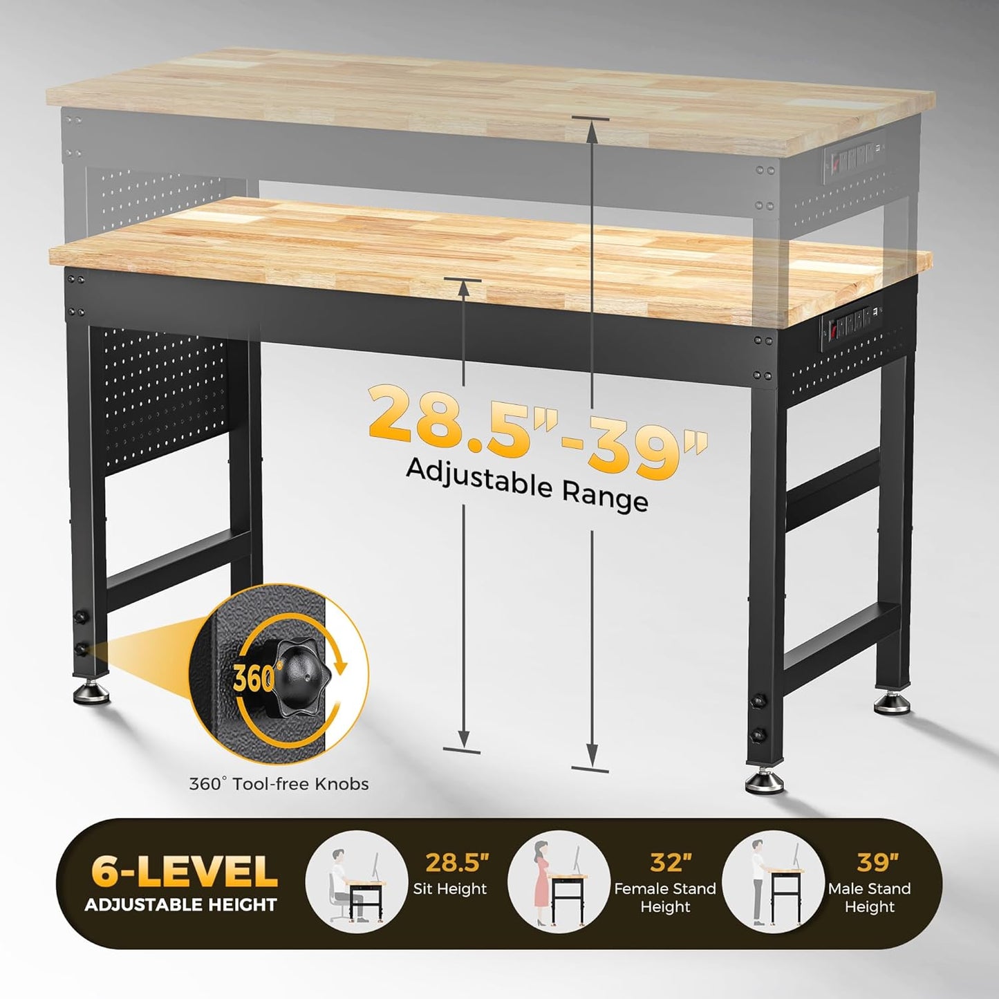 48" Adjustable Heavy Duty Workbench, 2000 LBS Load Capacity Rubber Wood Work Table with Pegboard, Power Outlets, Work Bench for Garage, Workshop, Office, Home, Commercial